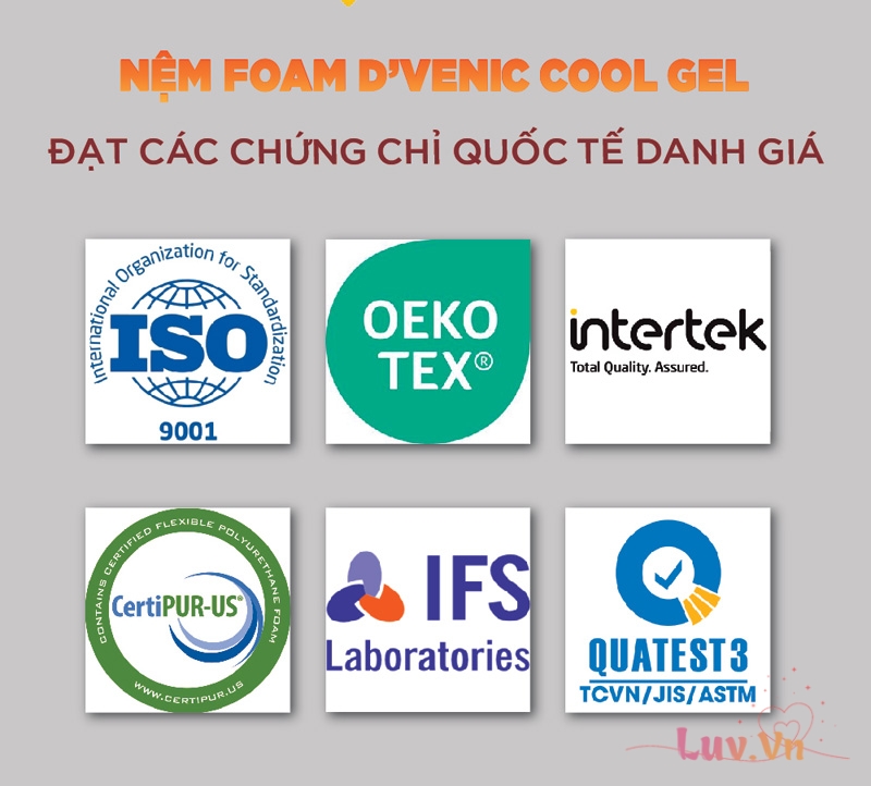 Đánh giá Nệm Foam D’Venic Cool Gel 12 Nệm Foam D’Venic Cool Gel đạt chứng chỉ quốc tế danh giá