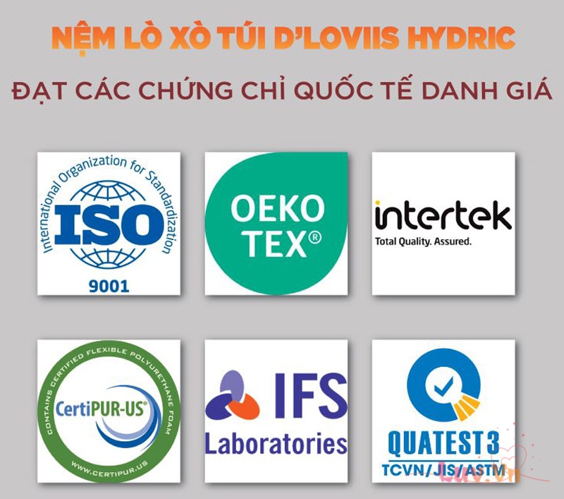 Nệm Lò Xo Túi Đa Tầng D’Loviis Hydric dạt các chức chỉ quốc tế như: ISO 9001, Intertek, OEKO-TEX, Certipur-US, Quatest 3 và IFS Laboratories